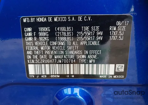 2018 Honda Hr-V Ex-L из США, поврежденный, VIN 3CZRU6H77JM700784